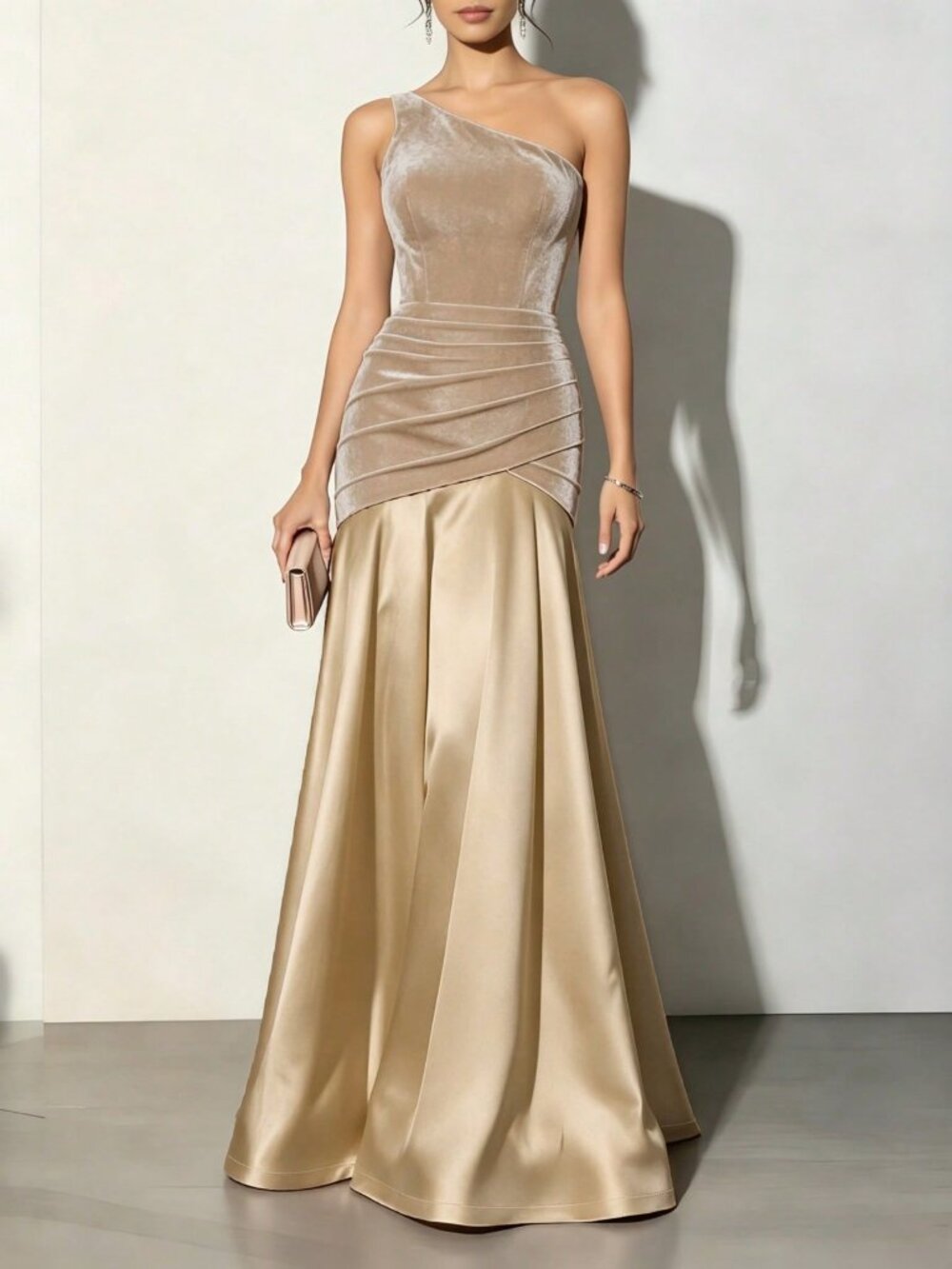 Champagne Elegant One shoulder velvet Formal Maxi Dress